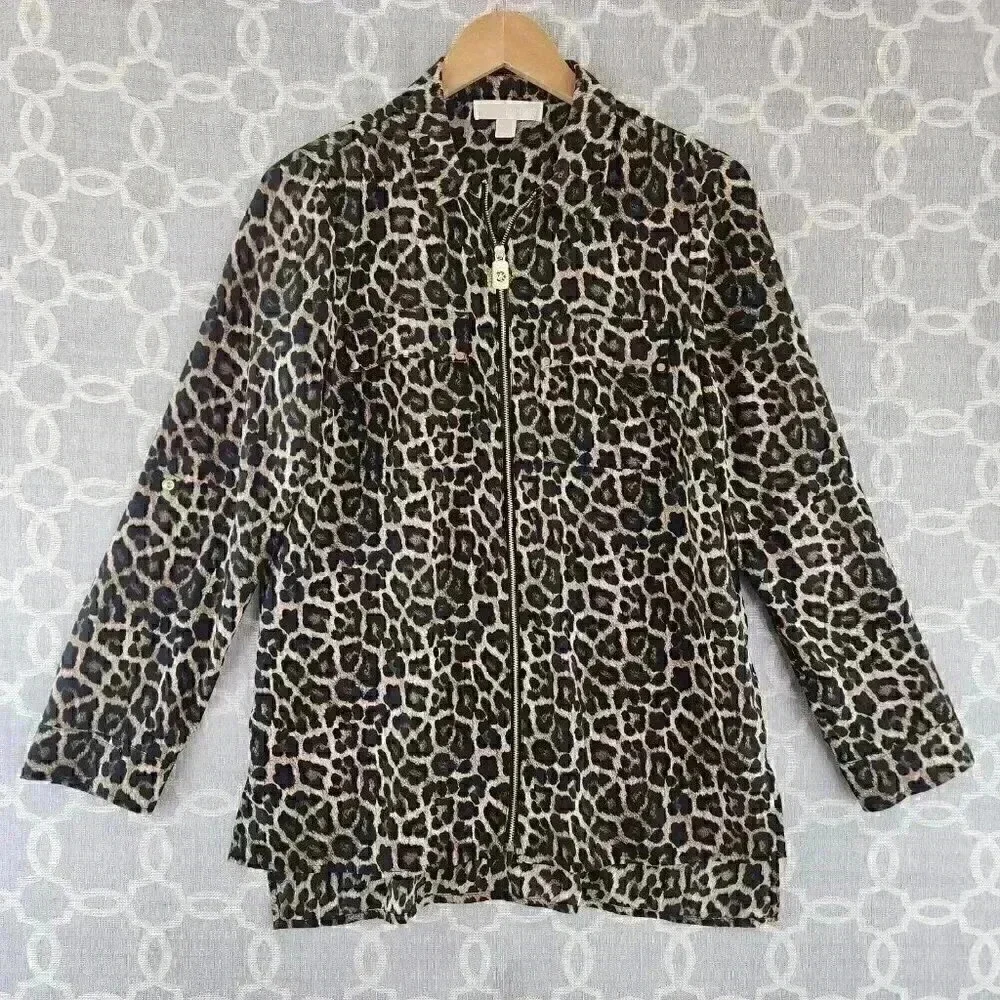 Michael Kors Full Zip Collar Leopard Long Tab Sleeve Chiffon Blouse M